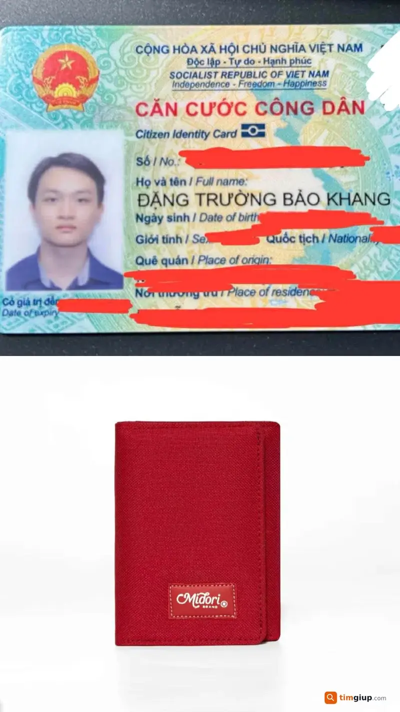 Tìm ví màu đỏ và giấy tờ tên Đặng Trường Bảo Khang tại Quận 1, TP.HCM