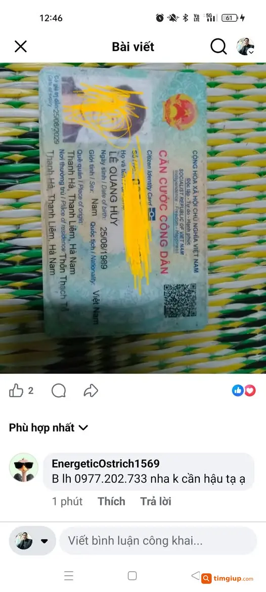 Rơi Ví Có CCCD Tên Lê Quang Huy Trên Đường Nam Dư Đến Tây Trà