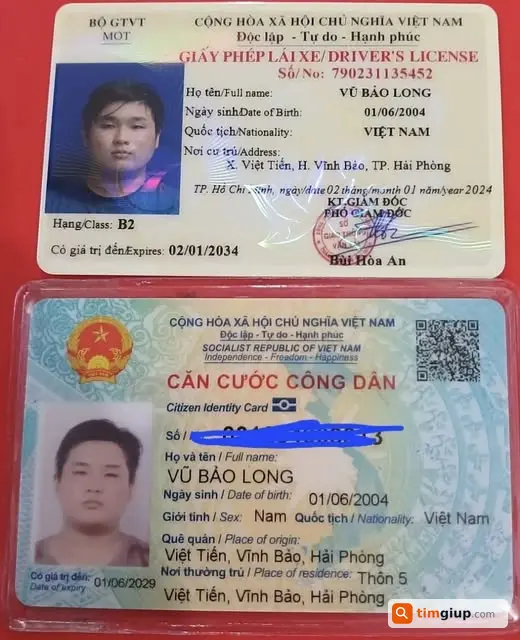 Tìm Giấy Tờ CCCD Và Bằng Lái Xe B2 Tên Vũ Bảo Long