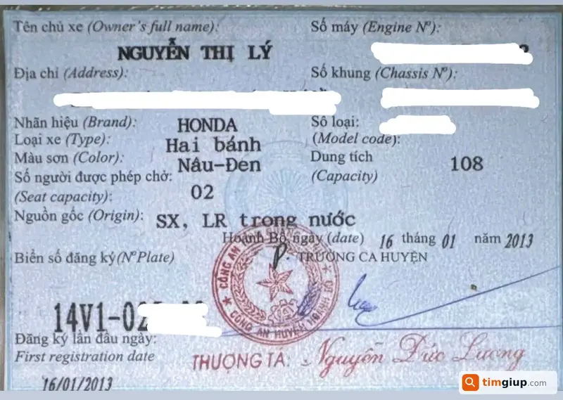 Tìm giấy đăng ký xe tên Nguyễn Thị Lý tại Hà Nội
