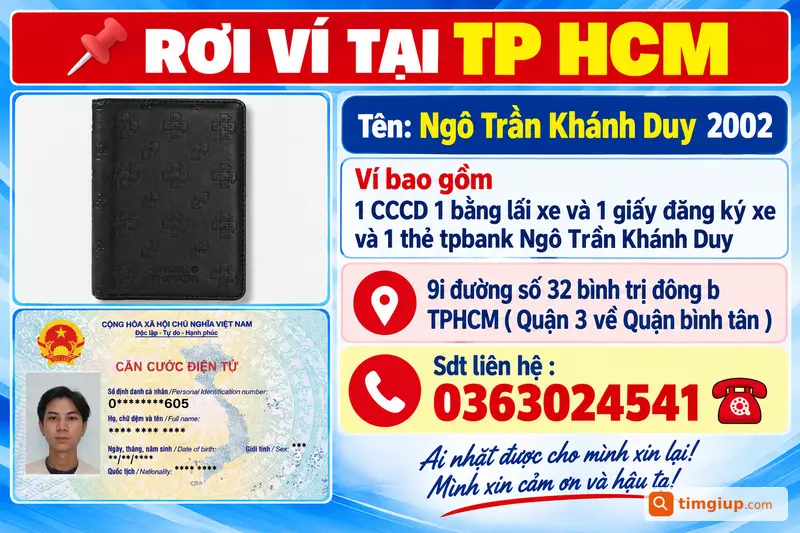 Rơi Ví Cùng CCCD Tên Ngô Trần Khánh Duy Tại TP HCM